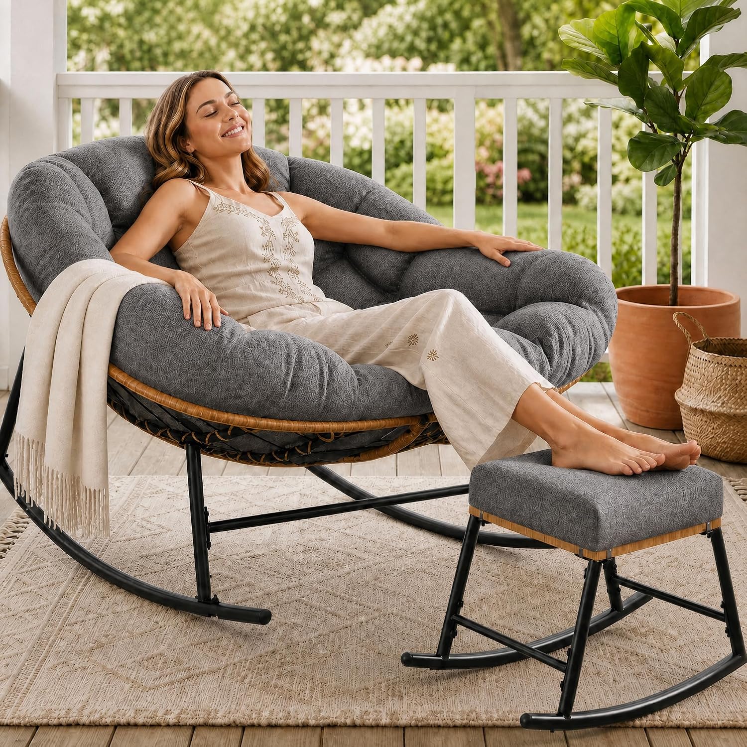 Outdoor Furniture No Cushions - Oversized Papasan Rocking Chair & Ottoman